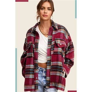 La Miel Shacket Womens Size Small Plaid Fringe Hem Pockets Jacket Coat Snaps